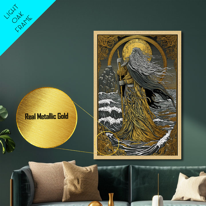 Nordic God Njord Metallic Gold Art, Ocean Deity Norse Mythology Metal Art for Office Wall or Dad Gift, framed with natural wood
