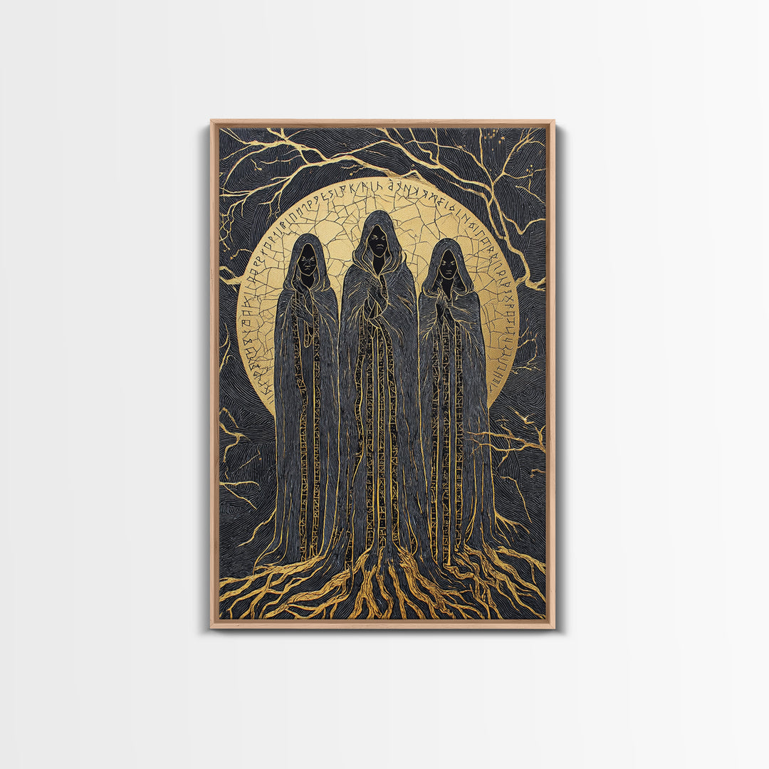 Viking Norns Canvas Gold Art, Nordic Mythology Canvas Art of Fate Goddesses and Runes, Norse Decor framed with natural wood frame