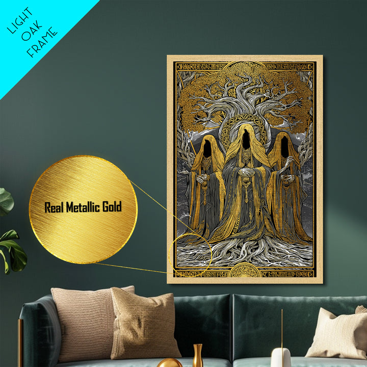 Norns of Yggdrasil Metallic Gold Art, Nordic Mythology Metal Art featuring Fate and Destiny, Viking Wall Art framed in real wood