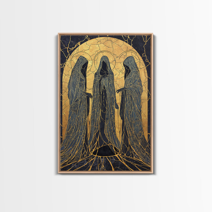 Canvas Gold Art of the Three Norns, Norse Mythology Canvas Art on Yggdrasil Roots, Viking Man Cave Decor in a natural wood frame