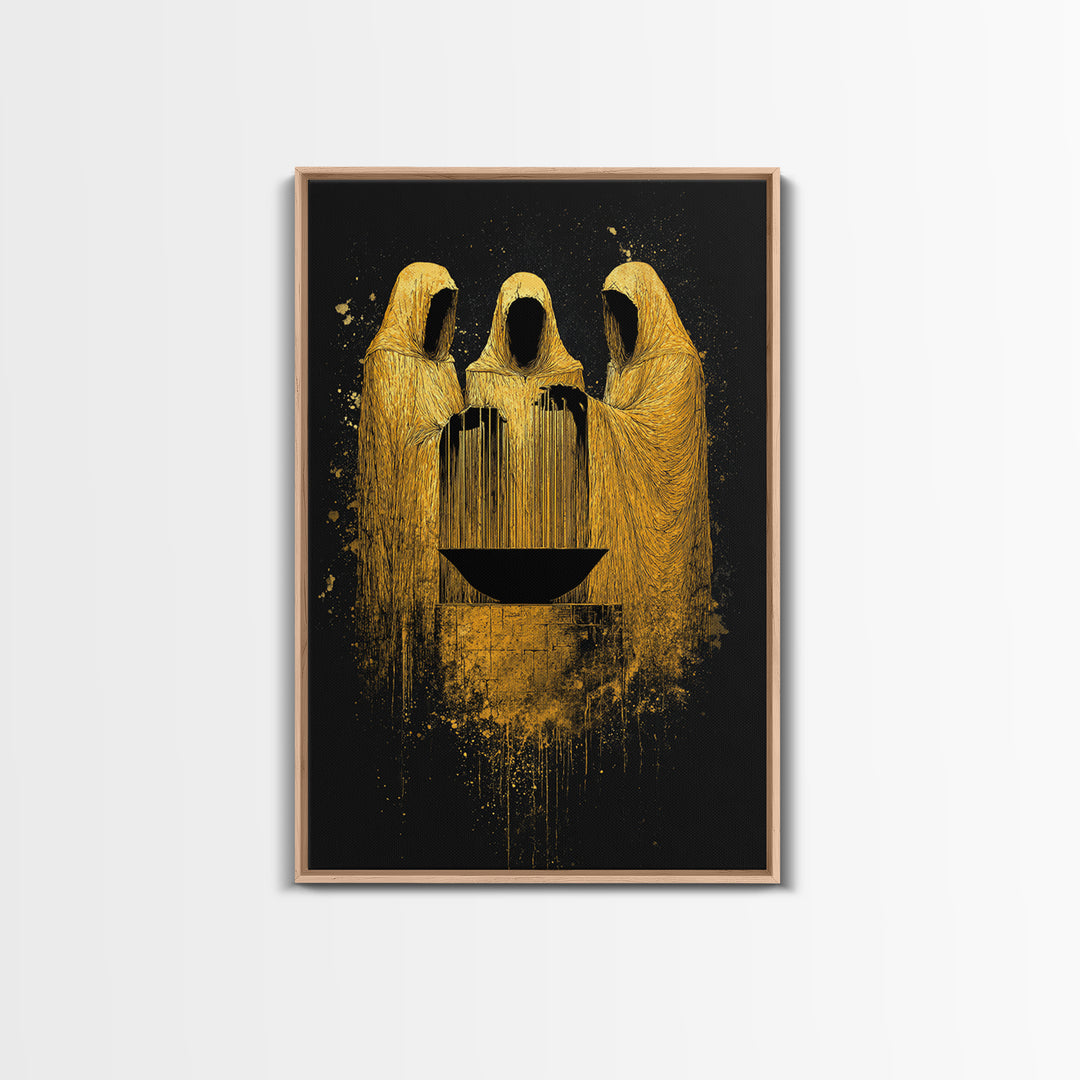 Viking Norns Canvas Gold Art, Nordic Mythology Canvas Art of Fate Goddesses around Sacred Well, Office Decor with natural wood frame