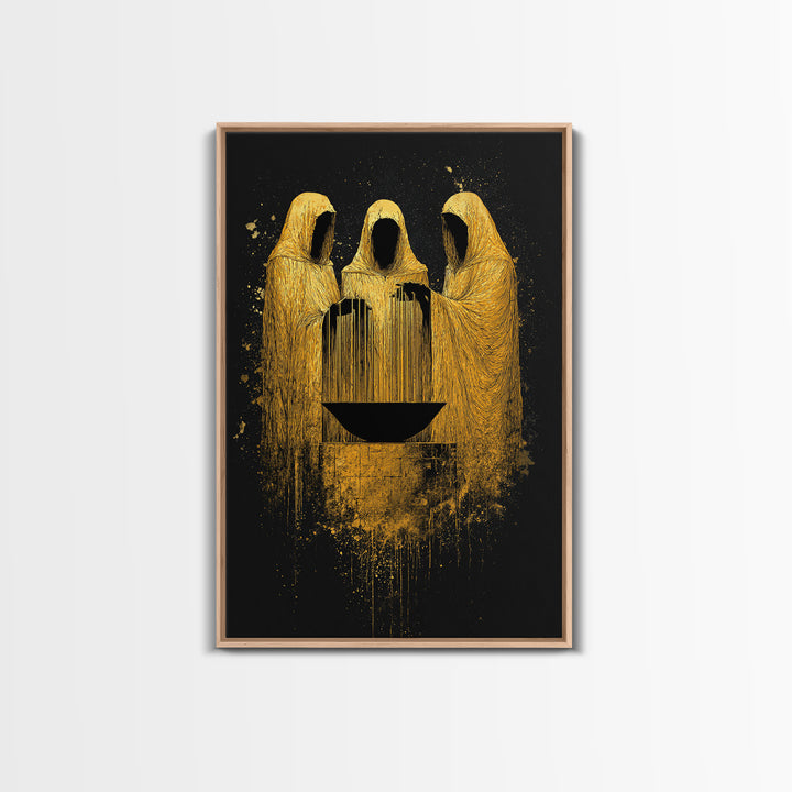Viking Norns Canvas Gold Art, Nordic Mythology Canvas Art of Fate Goddesses around Sacred Well, Office Decor with natural wood frame