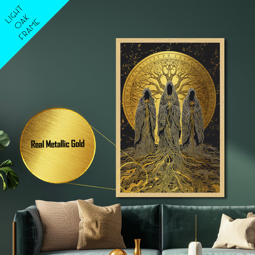 Norns Metallic Gold Art, Norse Mythology Metal Art of Fate Weavers with Yggdrasil, Viking Office Decor beautifully framed in real wood