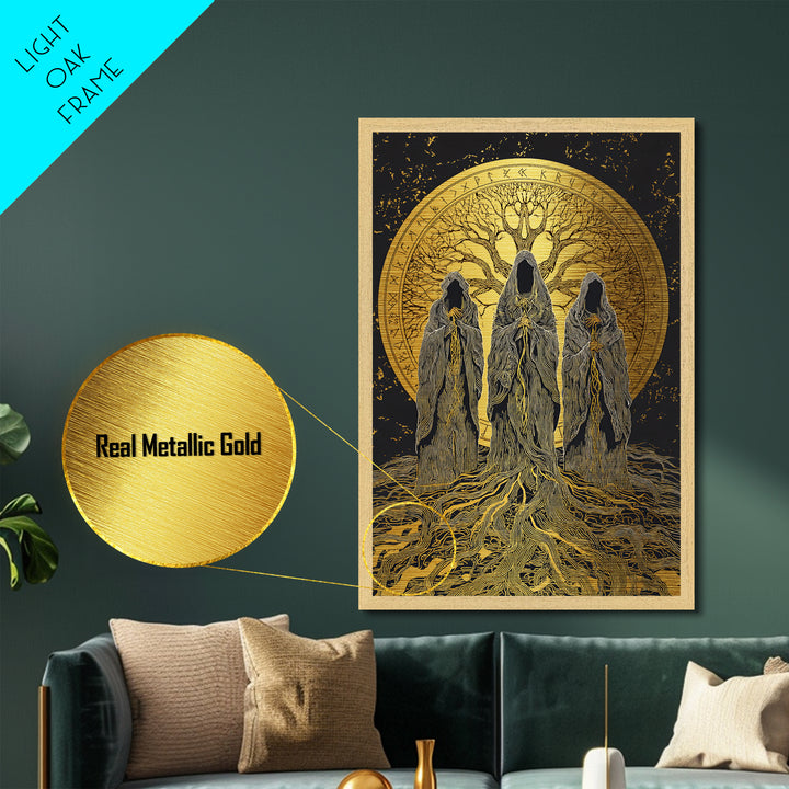 Norns Metallic Gold Art, Norse Mythology Metal Art of Fate Weavers with Yggdrasil, Viking Office Decor beautifully framed in real wood