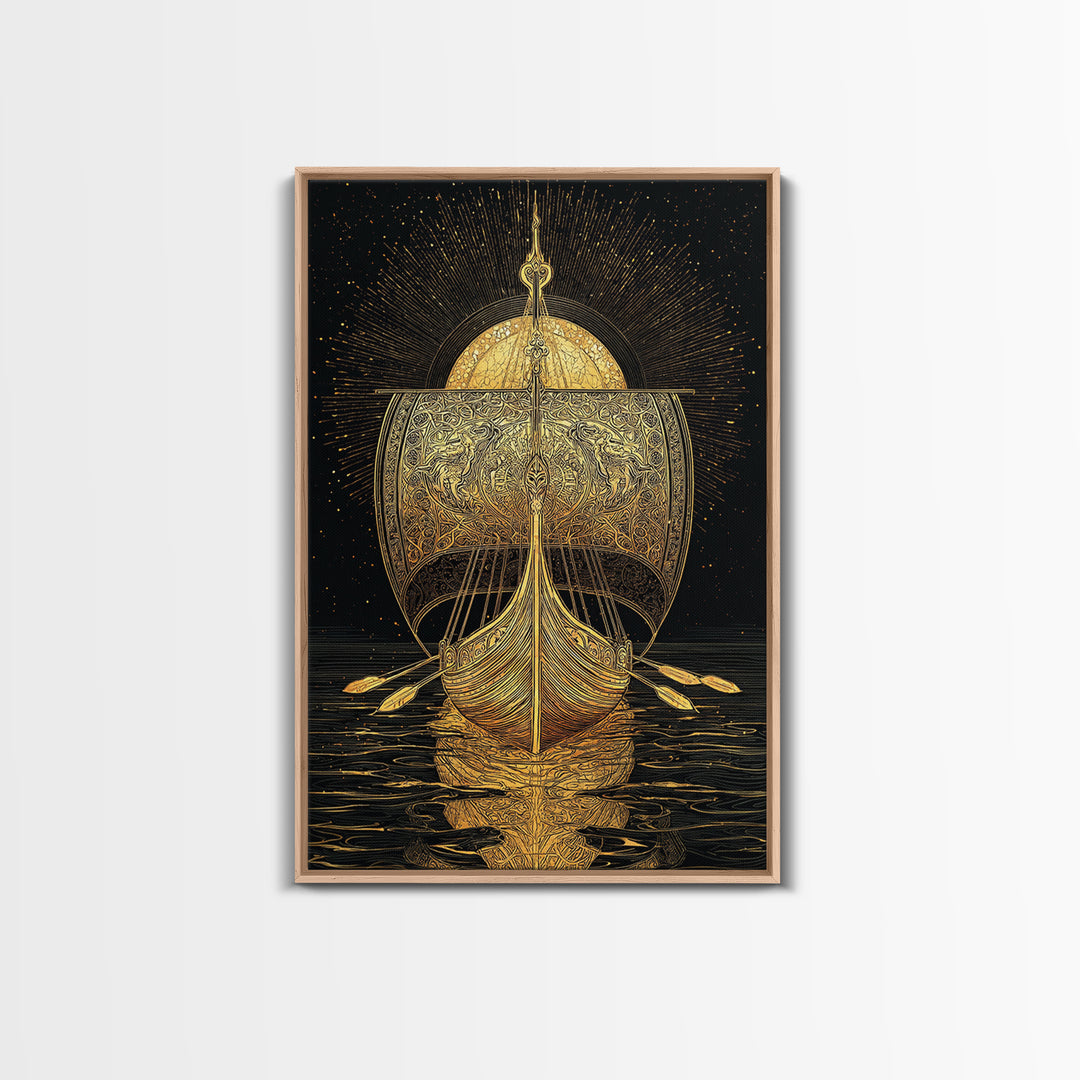 Viking Ship Canvas Gold Art Canvas Art Norse Longboat Wall Decor for Man Cave or Office, framed in natural wood