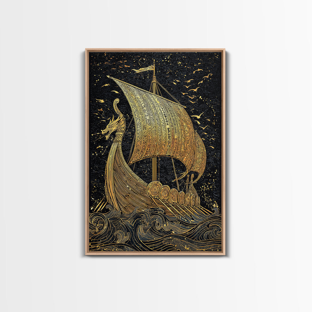 Dragon Head Viking Longship Canvas Gold Art Canvas Art Norse Decor for Man Cave, Office Wall Art framed in real wood