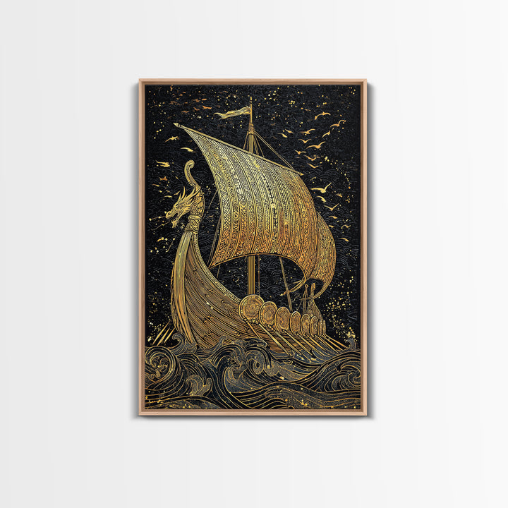 Dragon Head Viking Longship Canvas Gold Art Canvas Art Norse Decor for Man Cave, Office Wall Art framed in real wood