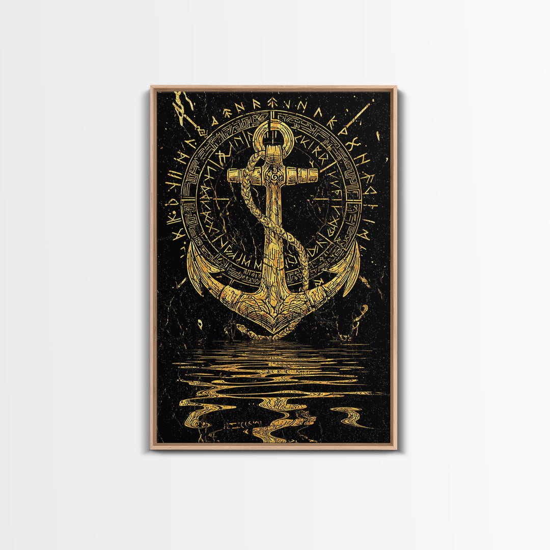 Runic Anchor Canvas Gold Art Canvas Art Norse Mythology Wall Decor for Men’s Office or Man Cave, framed with natural wood
