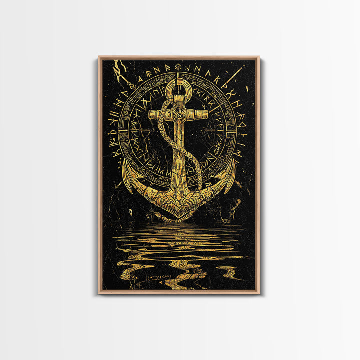 Runic Anchor Canvas Gold Art Canvas Art Norse Mythology Wall Decor for Men’s Office or Man Cave, framed with natural wood