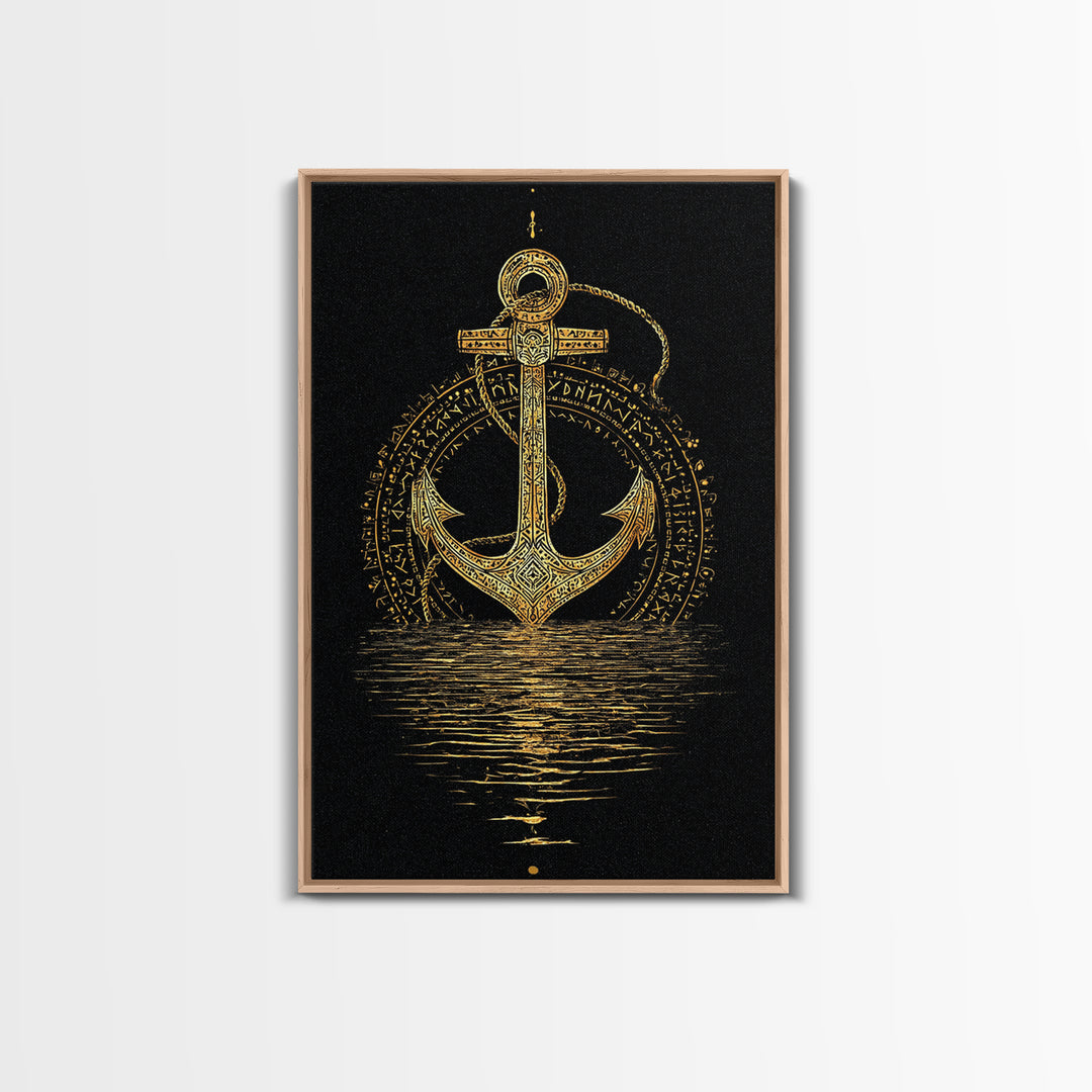 Norse Anchor with Runes Canvas Gold Art Canvas Art Viking Decor for Dad Gift or Office Wall, framed in real wood design