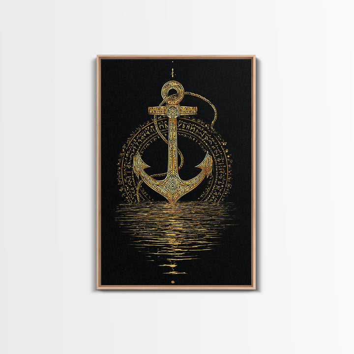 Norse Anchor with Runes Canvas Gold Art Canvas Art Viking Decor for Dad Gift or Office Wall, framed in real wood design