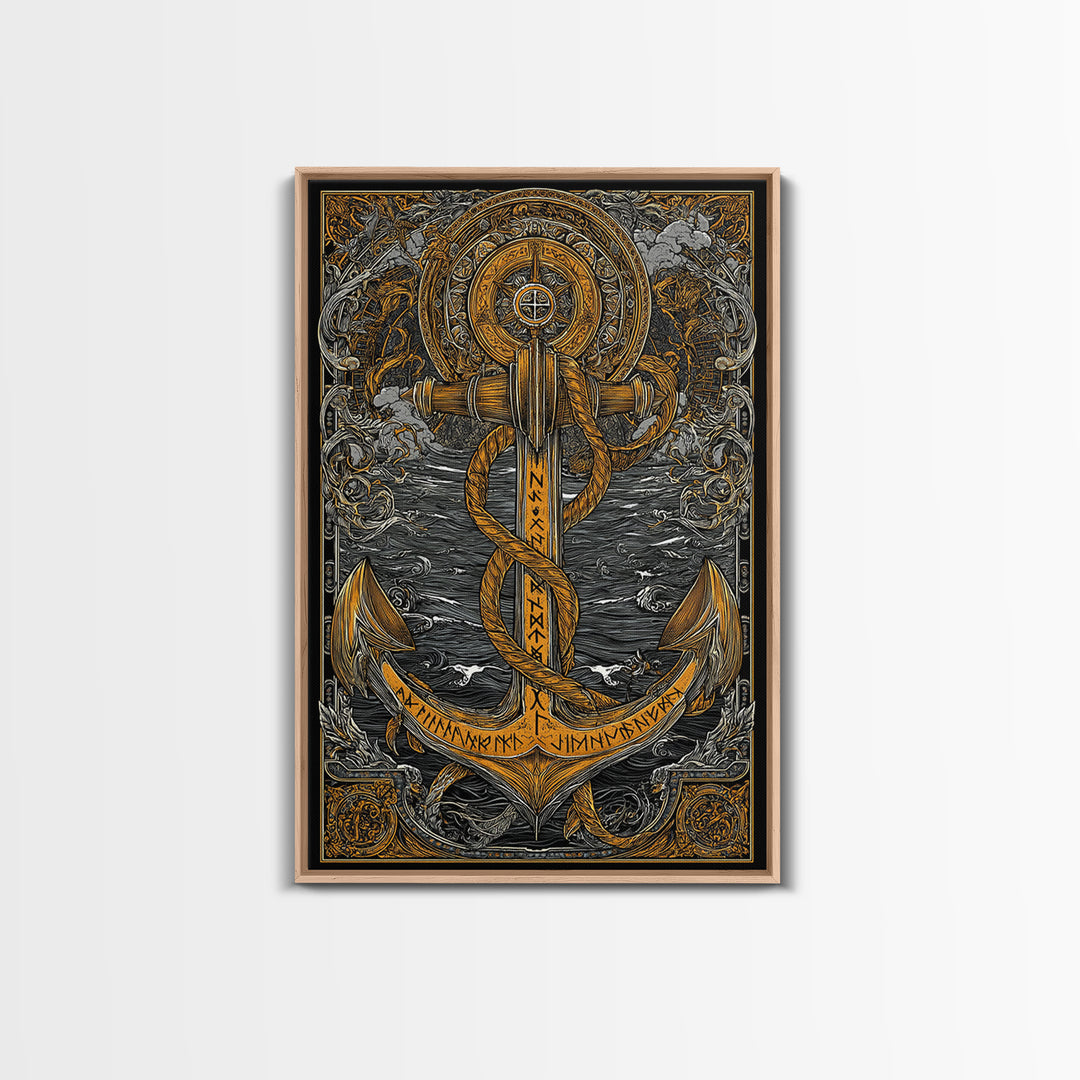 Viking Anchor Canvas Gold Art Canvas Art Nordic Mythology Wall Art for Man Cave, Office Decor with handcrafted wood frame