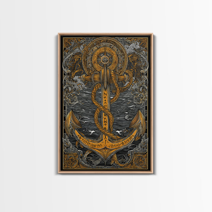 Viking Anchor Canvas Gold Art Canvas Art Nordic Mythology Wall Art for Man Cave, Office Decor with handcrafted wood frame