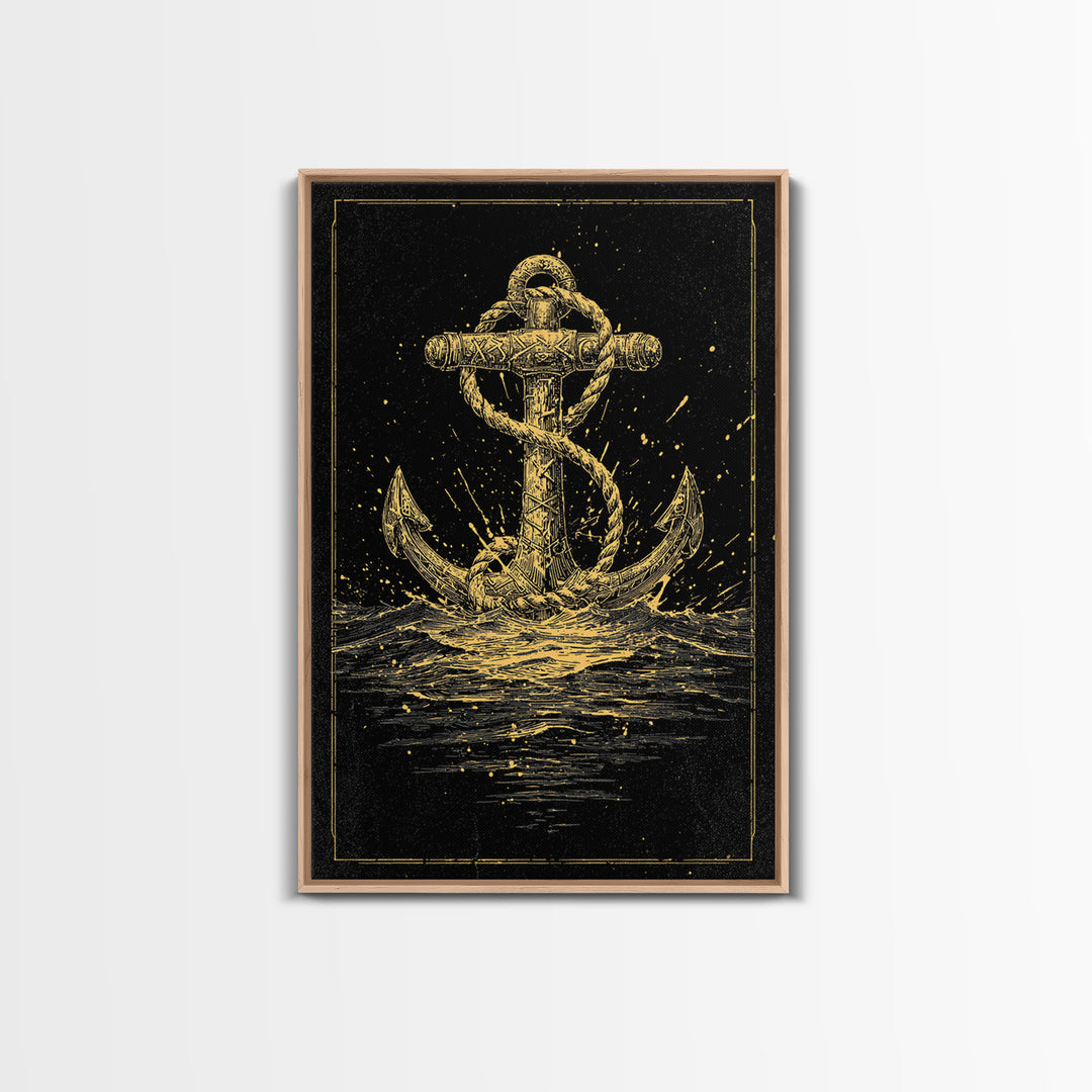 Nordic Anchor Canvas Gold Art Canvas Art Norse Mythology Decor for Office, Man Cave or Dad Gift, framed in real wood