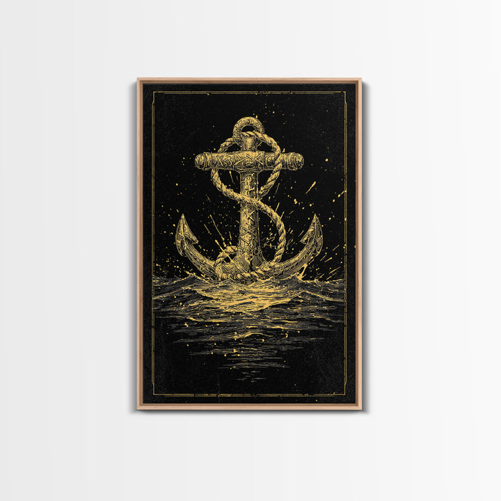 Nordic Anchor Canvas Gold Art Canvas Art Norse Mythology Decor for Office, Man Cave or Dad Gift, framed in real wood