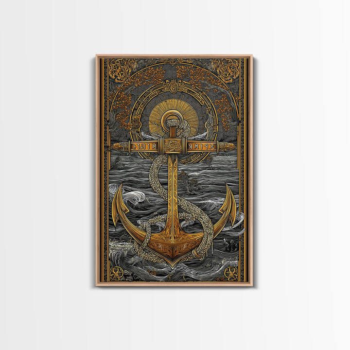 Norse Anchor Wall Art Canvas Gold Art Canvas Art with Runes Viking Decor for Men’s Office or Man Cave framed in wood