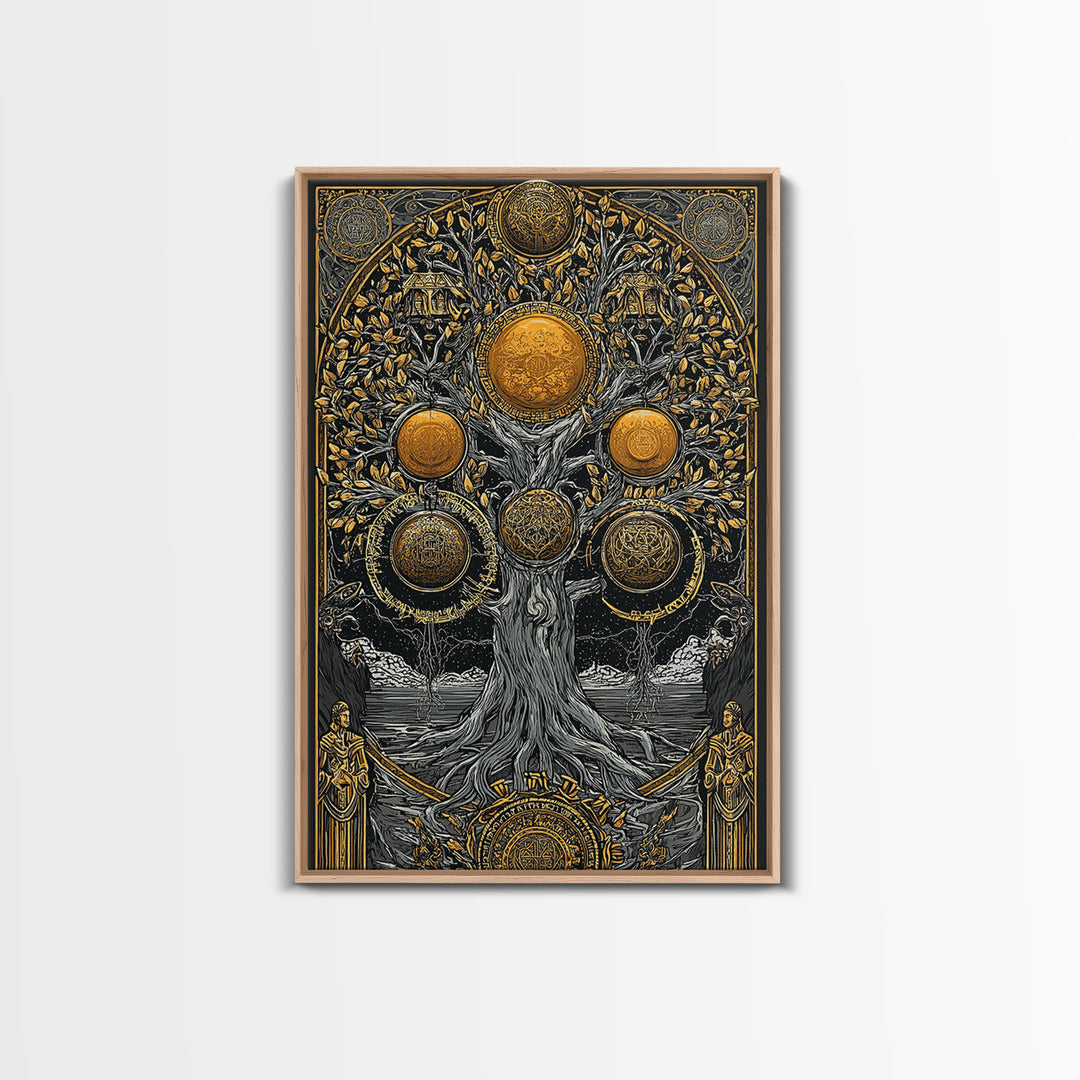 Yggdrasil Norse Tree of Life Canvas Gold Art Canvas Art with Runes Nordic Mythology Wall Decor for Office framed in wood