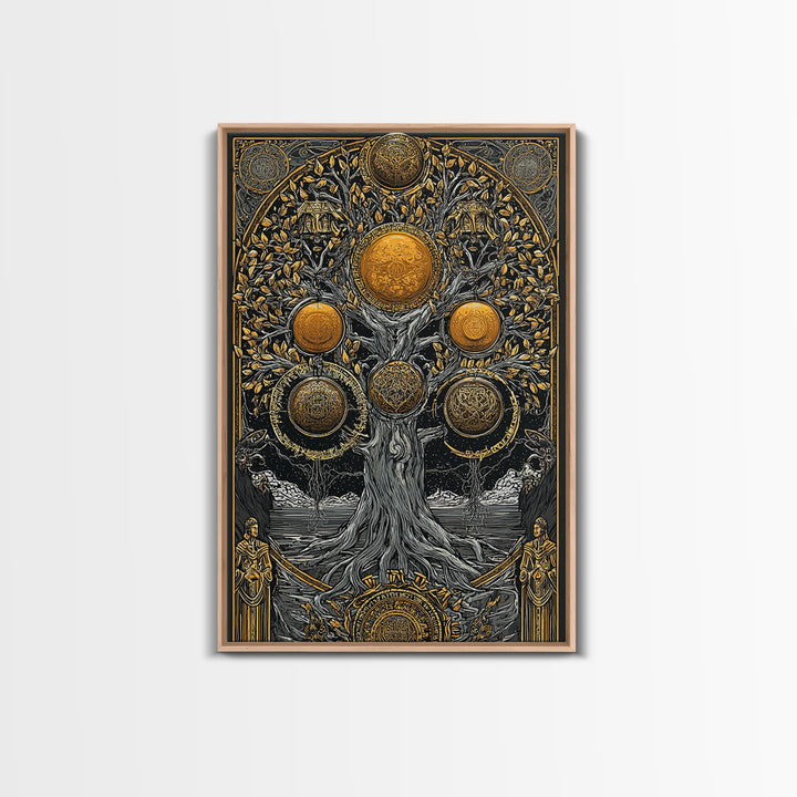 Yggdrasil Norse Tree of Life Canvas Gold Art Canvas Art with Runes Nordic Mythology Wall Decor for Office framed in wood