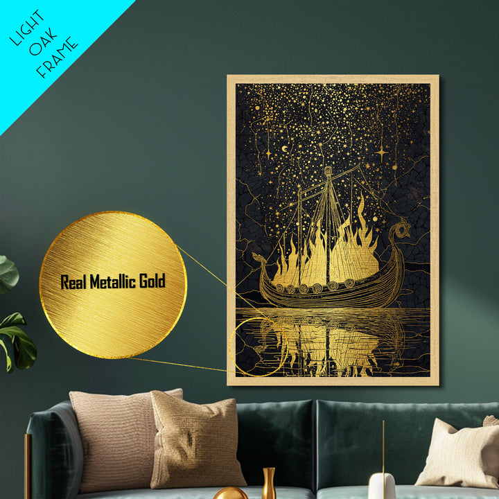 Norse Burial Ship Metallic Gold Art Metal Art – Viking Funeral Boat Wall Decor, Man Cave Office Artwork framed in real natural wood