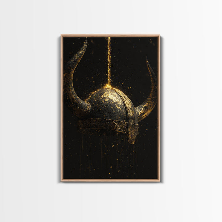Viking Horned Helmet Canvas Gold Art Canvas Art – Nordic Mythology Man Cave Decor, Bold Office Art framed in genuine real wood
