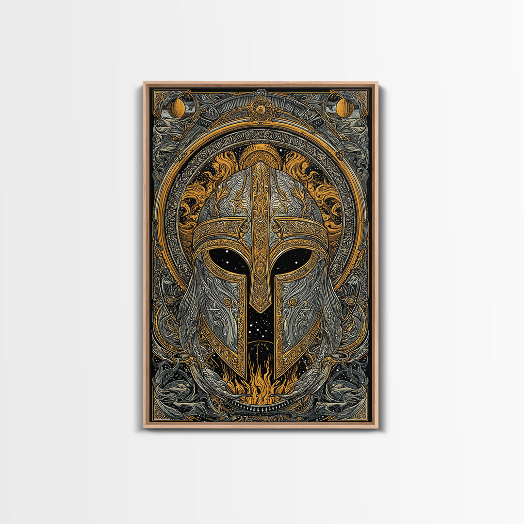 Canvas Gold Art Norse Warrior Helmet Canvas Art – Nordic Mythology Office Wall Decor, Viking Dad Gift framed with authentic wood
