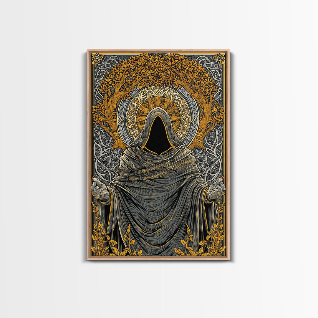 Canvas Gold Art Norse Ritual Hooded Figure Canvas Art – Viking Seer Man Cave Office Decor, Nordic Myth Gift framed with real wood