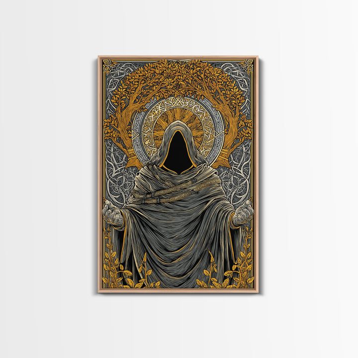 Canvas Gold Art Norse Ritual Hooded Figure Canvas Art – Viking Seer Man Cave Office Decor, Nordic Myth Gift framed with real wood