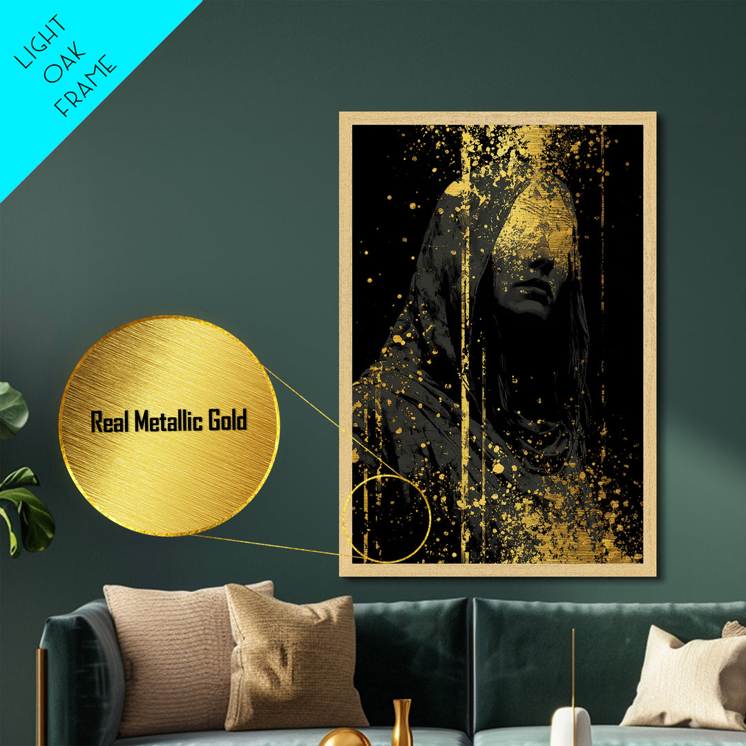 Nordic Hooded Seer Metallic Gold Art Metal Art – Norse Mythology Office Wall Art, Mystic Viking Decor in handcrafted wood frame