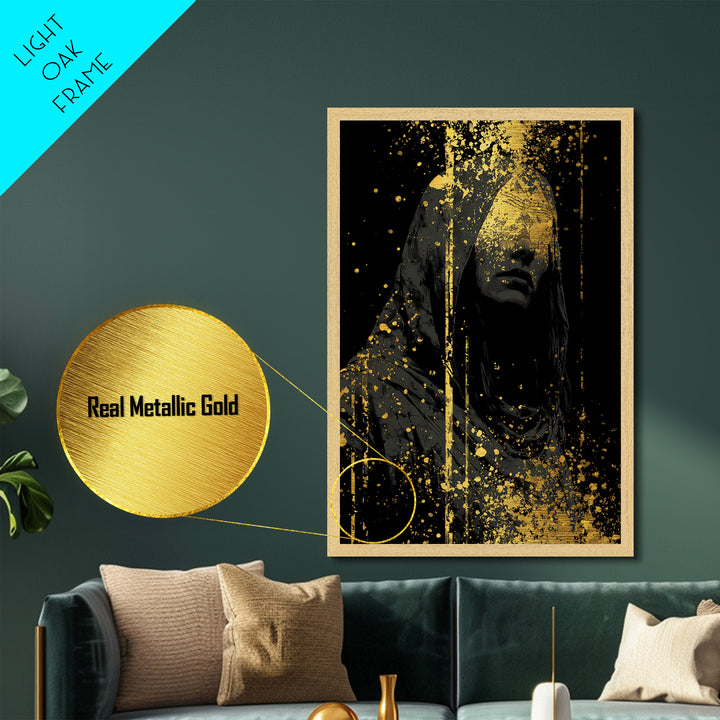 Nordic Hooded Seer Metallic Gold Art Metal Art – Norse Mythology Office Wall Art, Mystic Viking Decor in handcrafted wood frame