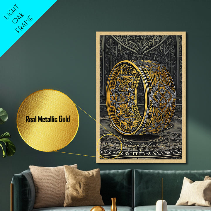 Metallic Gold Art Ornate Norse Ring Metal Art – Nordic Mythology Viking Jewelry Wall Art, Unique Dad Gift framed with natural wood
