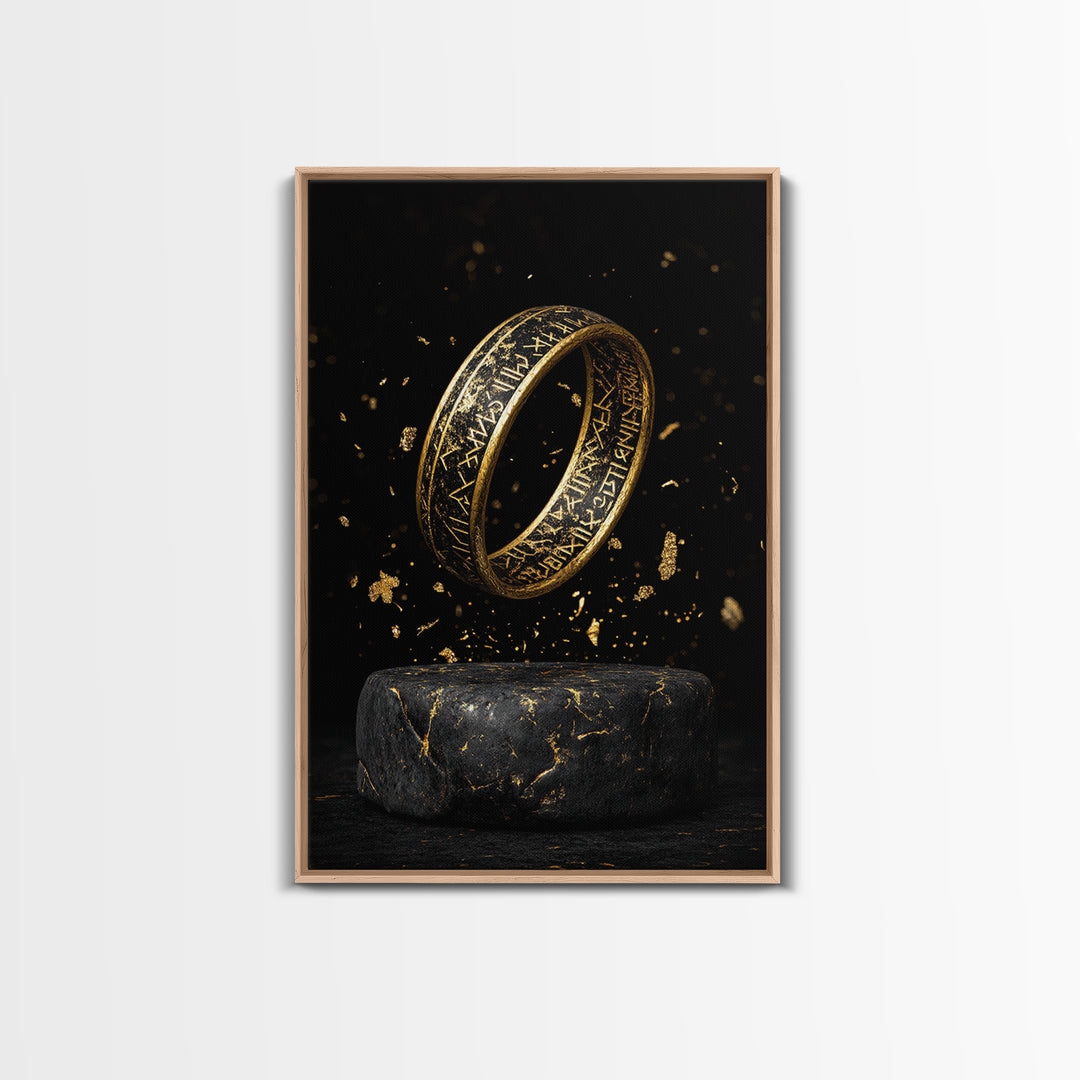 Viking Rune Ring Canvas Gold Art Canvas Art – Nordic Mythology Office Wall Art, Norse Man Cave Decor with handcrafted real wood frame