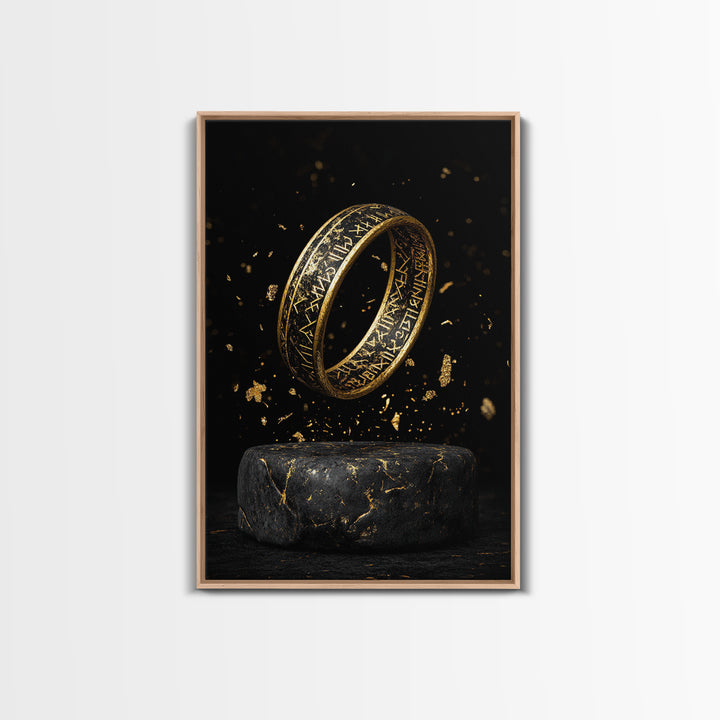 Viking Rune Ring Canvas Gold Art Canvas Art – Nordic Mythology Office Wall Art, Norse Man Cave Decor with handcrafted real wood frame