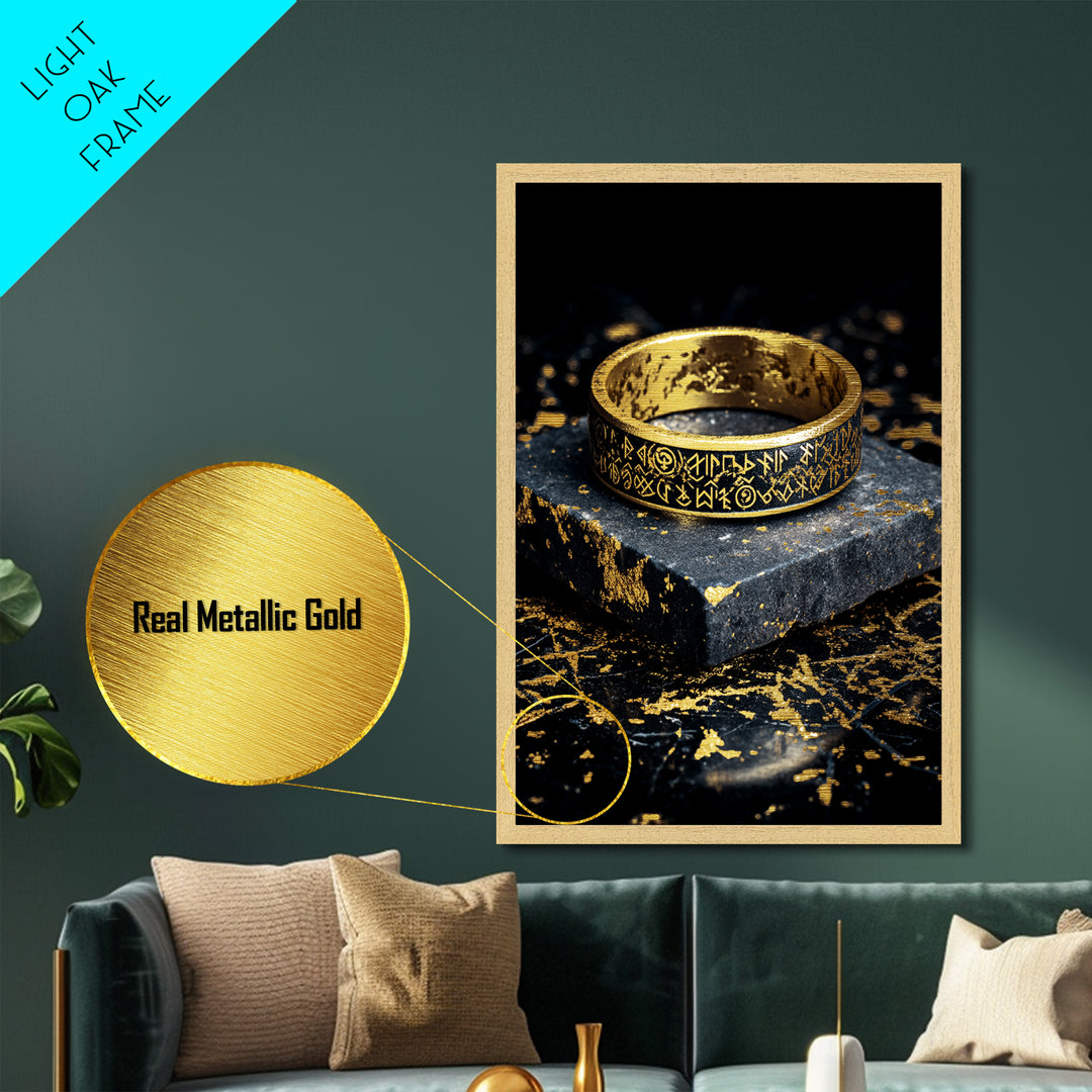 Norse Rune Ring Metallic Gold Art Metal Art – Viking Jewelry Inspired Office Wall Art, Nordic Man Cave Decor framed in wood frame