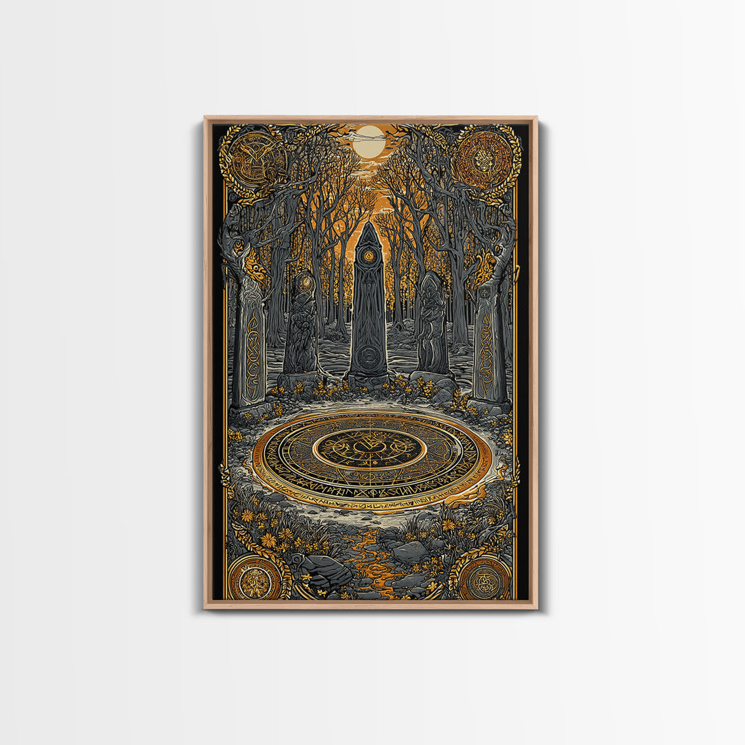 Nordic Ritual Circle Canvas Gold Art, Viking Pagan Canvas Art for Man Cave or Office, framed in natural wood for bold decor