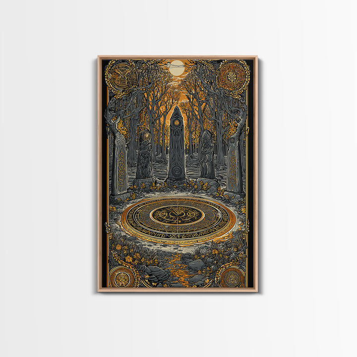 Nordic Ritual Circle Canvas Gold Art, Viking Pagan Canvas Art for Man Cave or Office, framed in natural wood for bold decor