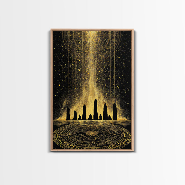 Canvas Gold Art Norse Ritual Stone Circle Canvas Art – Viking Ceremony Wall Art, Nordic Office Decor for Men framed in natural wood