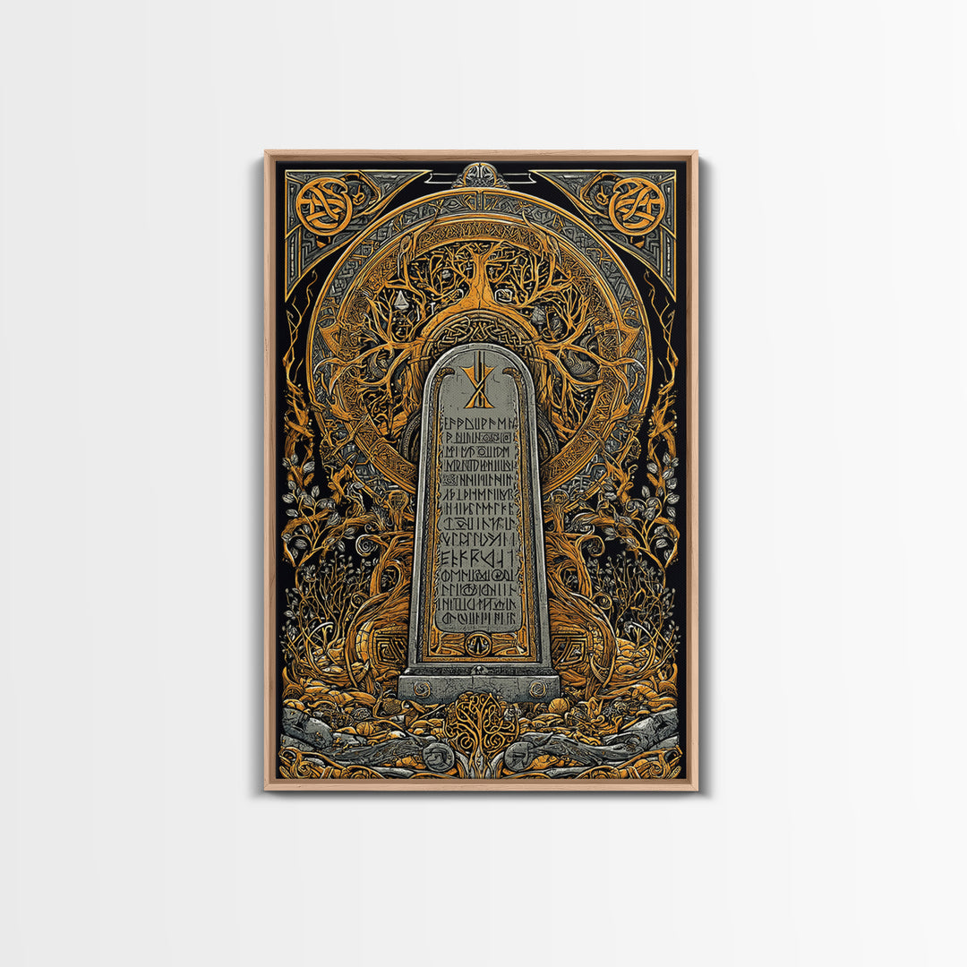 Runestone Engraved with Ancient Runes Canvas Gold Art, Nordic Mythology Canvas Art framed in real wood, Man Cave or Office Decor