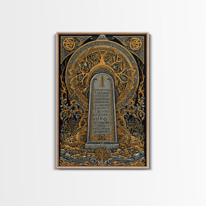 Runestone Engraved with Ancient Runes Canvas Gold Art, Nordic Mythology Canvas Art framed in real wood, Man Cave or Office Decor