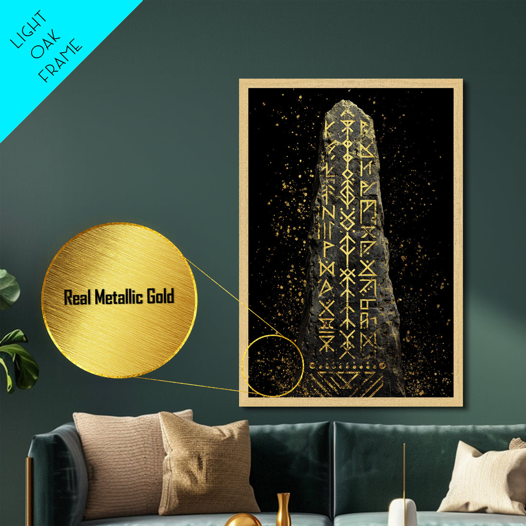 Golden Norse Rune Stone Metallic Gold Art, Mythology Inspired Viking Metal Art framed in real wood, Office Art or Man Cave Accent