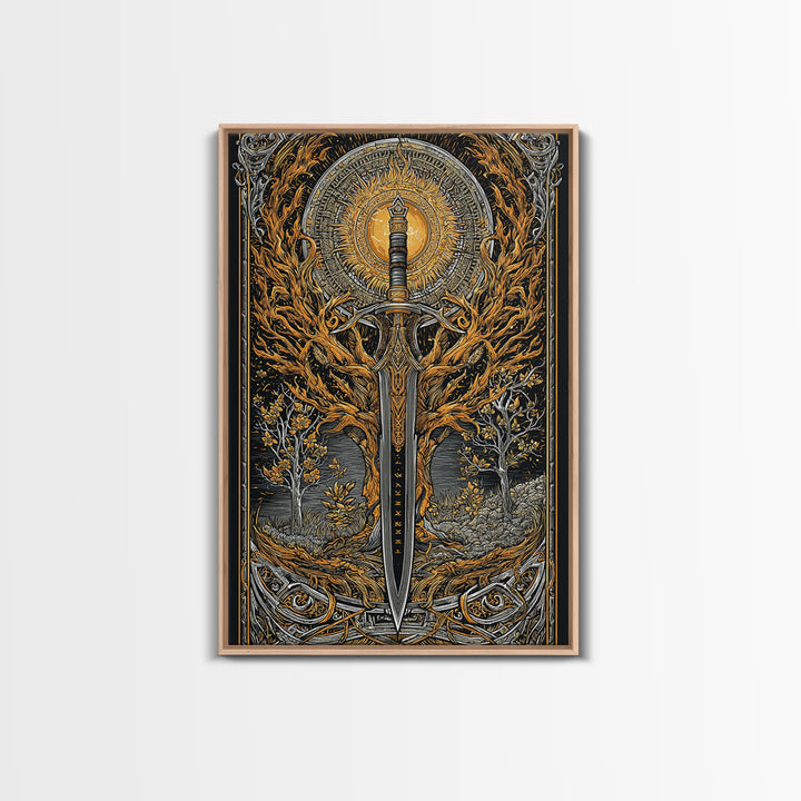 Viking Spear and Sacred Sun Canvas Gold Art, Nordic Weapon Canvas Art framed in natural wood, Bold Man Cave Decor or Office Wall Art