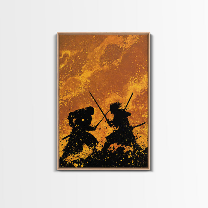 Viking Army Fight Scene Canvas Gold Art, Nordic Mythology Battle Canvas Art framed in natural wood, Bold Wall Decor for Men