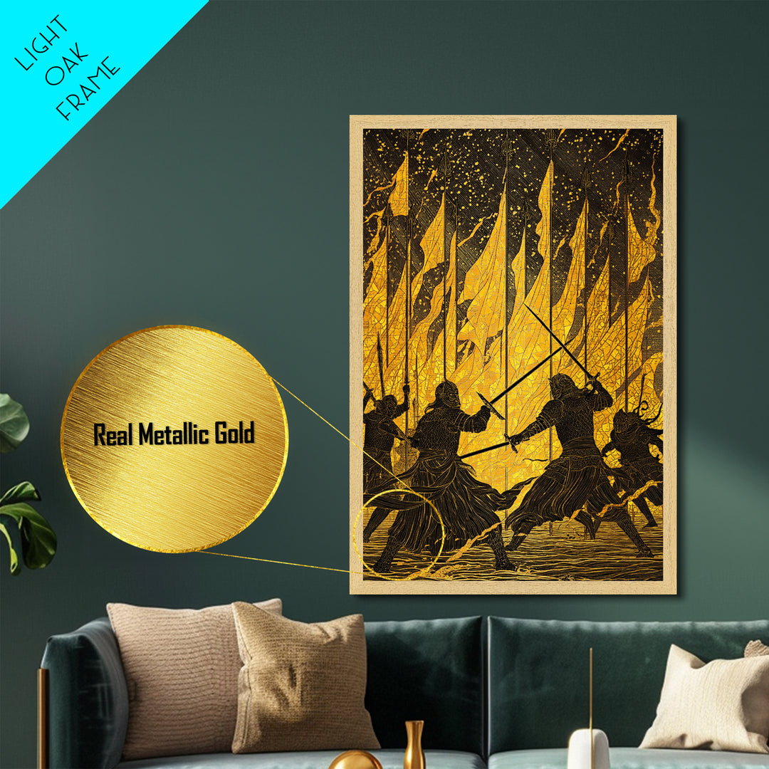 Warriors Clash in Fiery Nordic Battle Metallic Gold Art, Viking Combat Metal Art framed with real wood, Man Cave Office Wall Accent