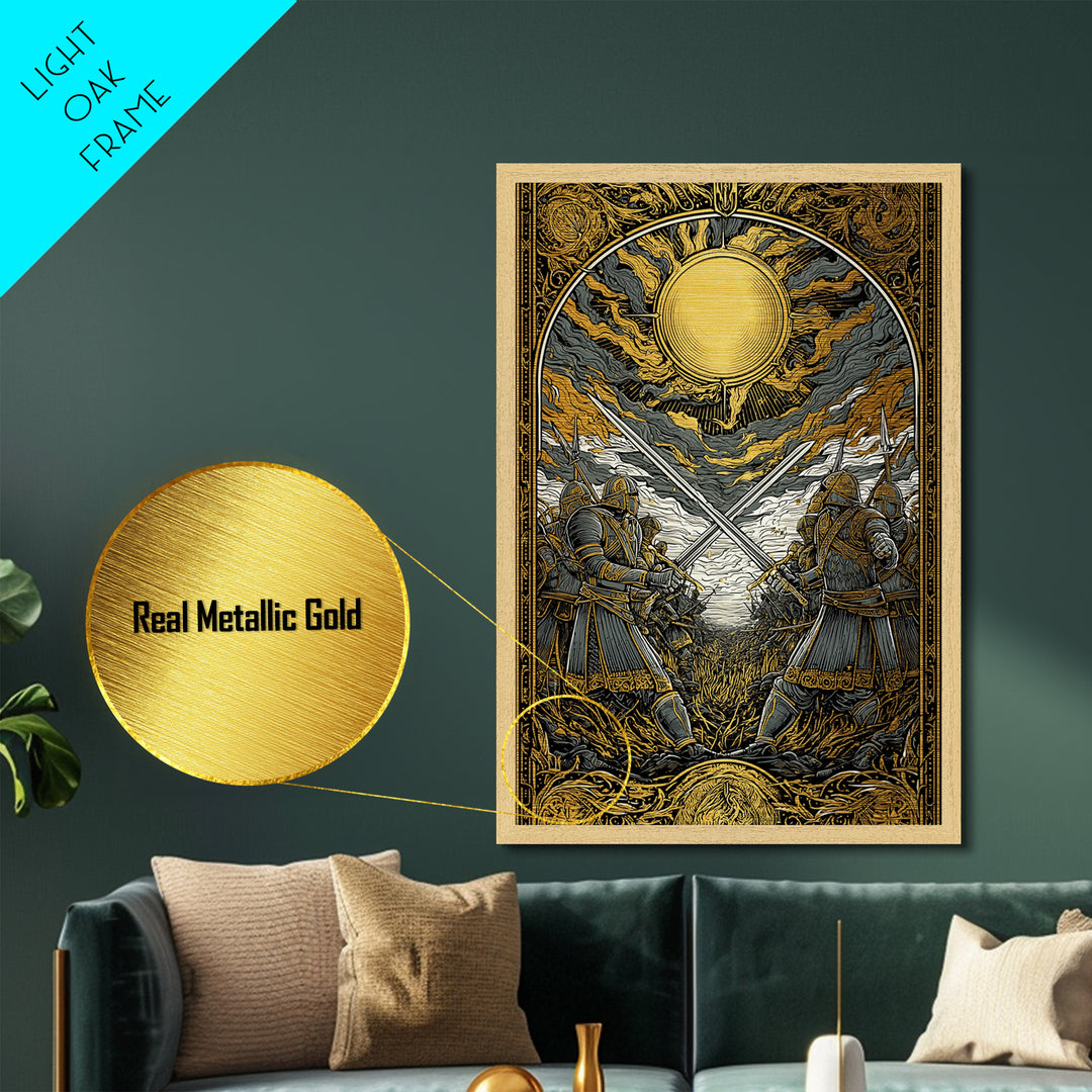 Nordic Mythology Battlefield Metallic Gold Art, Viking Warriors Metal Art with natural wood frame, Strong Office Decor or Dad Gift