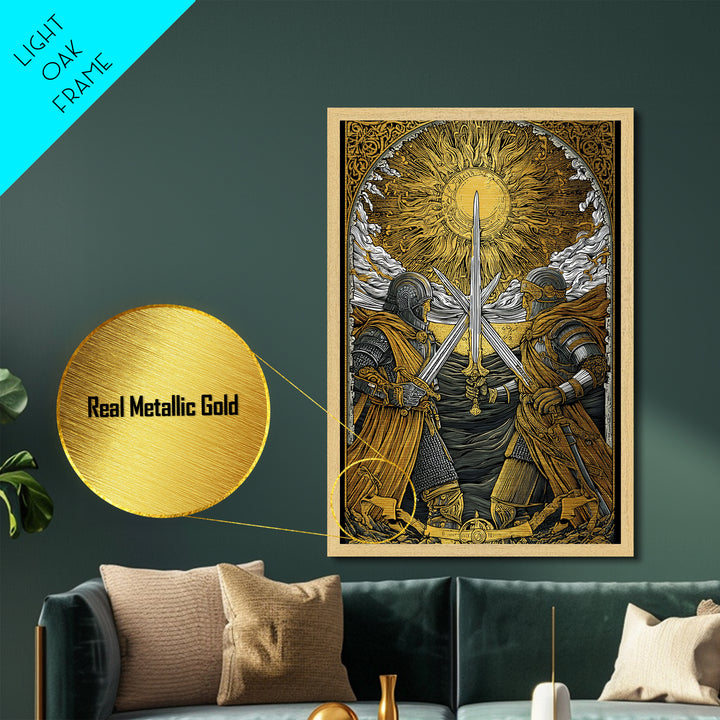 Norse Warriors in Battle Metallic Gold Art, Viking Metal Art with real wood frame, Perfect for Man Cave, Office Wall Art, or Dad Gift
