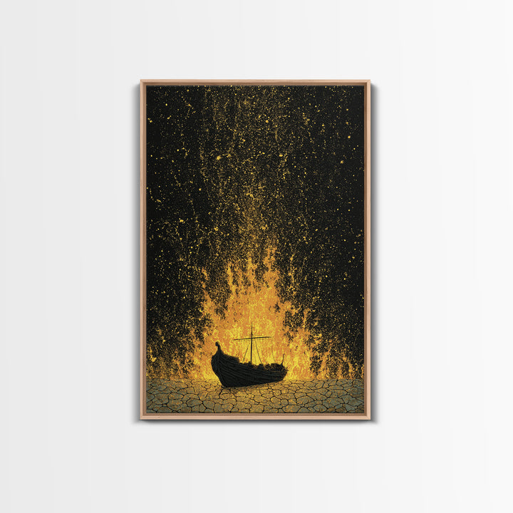 Viking Funeral Ship Canvas Gold Art Canvas Art Norse Burial Scene Wall Decor for Man Cave or Office, framed in real wood