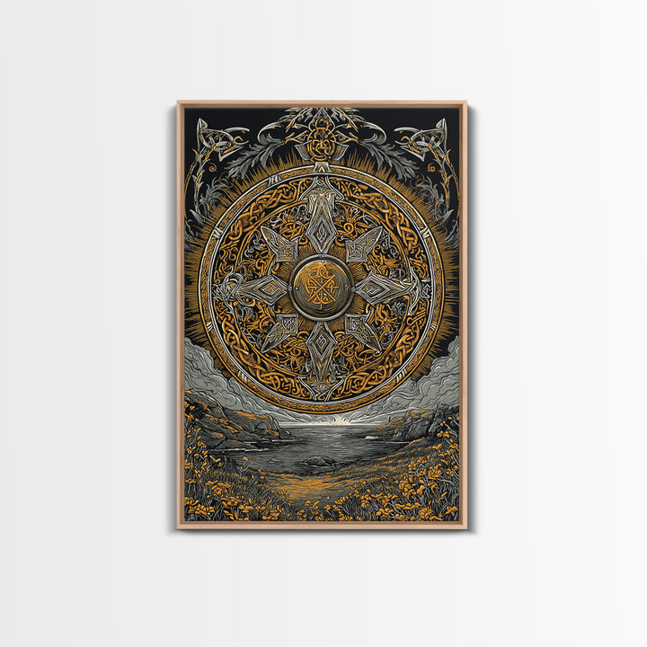 Vegvisir Compass Canvas Gold Art, Norse Mythology Canvas Art of Viking Symbol for Guidance, Man Cave or Office Decor framed in real wood
