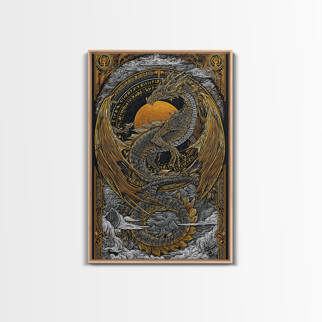 Canvas Gold Art of Jörmungandr Norse Dragon, Viking Myth Canvas Art framed in real wood, Nordic decor perfect for office or study