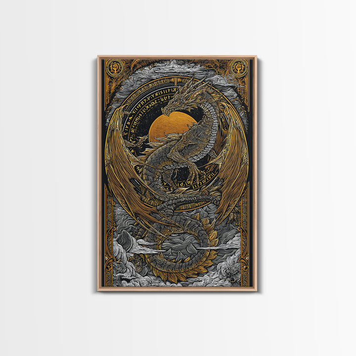 Canvas Gold Art of Jörmungandr Norse Dragon, Viking Myth Canvas Art framed in real wood, Nordic decor perfect for office or study