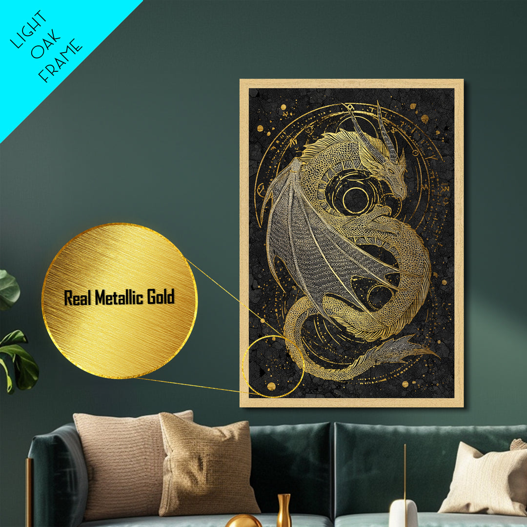 Nordic Dragon Metallic Gold Art, Viking Mythology Metal Art for Man Cave or Office, framed in natural real wood for dad gift