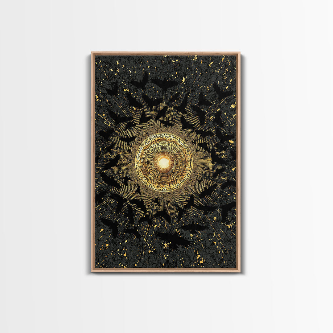Canvas Art Norse Ravens and Sun Wheel, Canvas Gold Art Viking Decor with runes, framed in real wood, Nordic mythology gift for dad